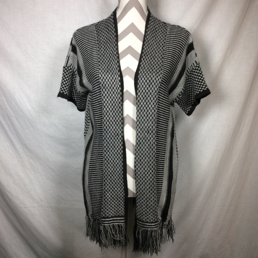 Oh MG! Gray Black Open Front Cardigan with Fringe